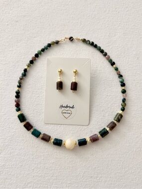 Handmade Mixed Fancy Jasper Necklace & Earring Set with Gold Accents